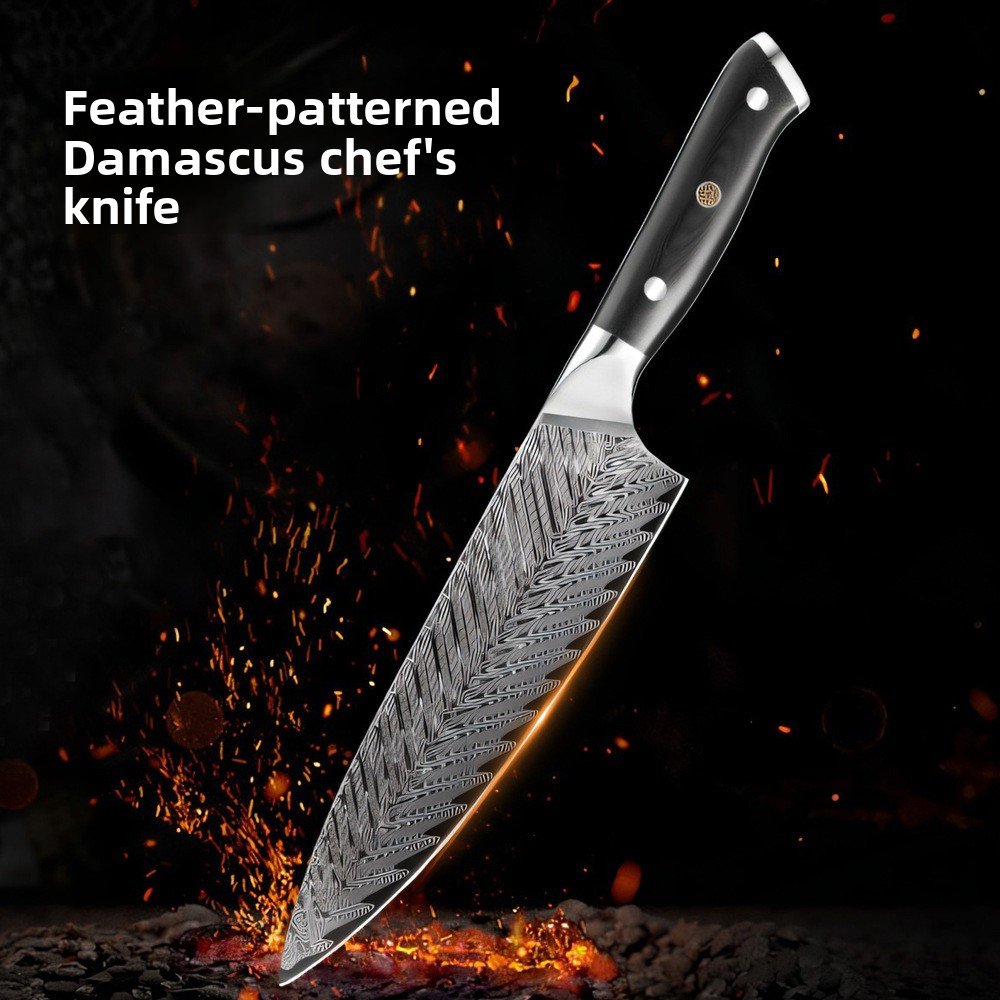 Hand-Forged Feather Damascus Chef Knife